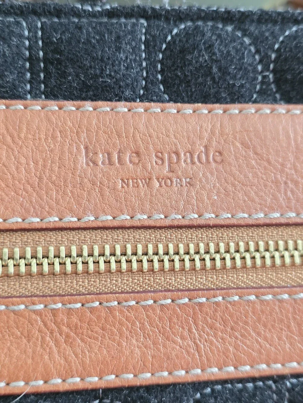 Kate Spade WKRU0223 Quilted Wool Dark Gray Tan Leather Tote Shoulder Bag